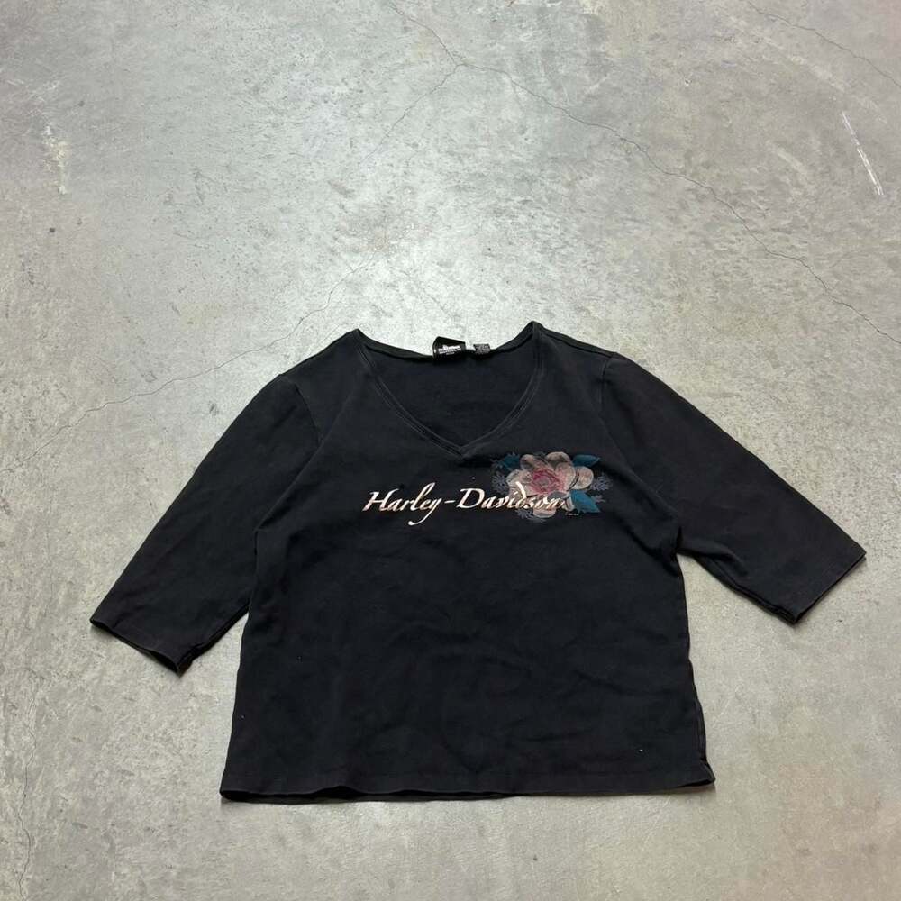 Harley-Davidson Y2K Floral Graphic 3/4 Sleeve V-Neck Top